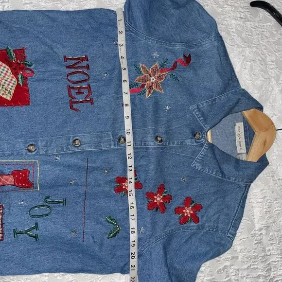 Victoria Jones Vintage Christmas Jean Button Top Blue Denim Embroidered Size Med - Picture 11 of 12